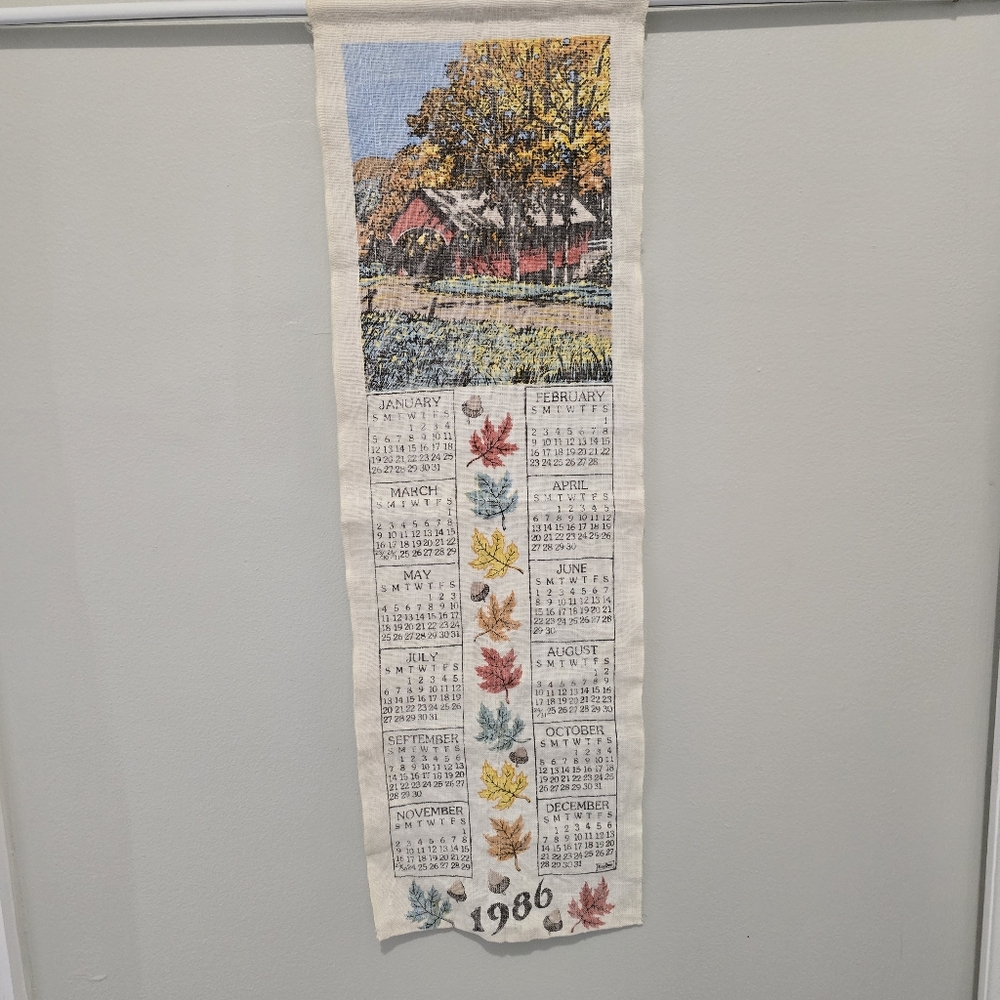 Vintage 1986 Calendar Tapestry with Autumn Leaves